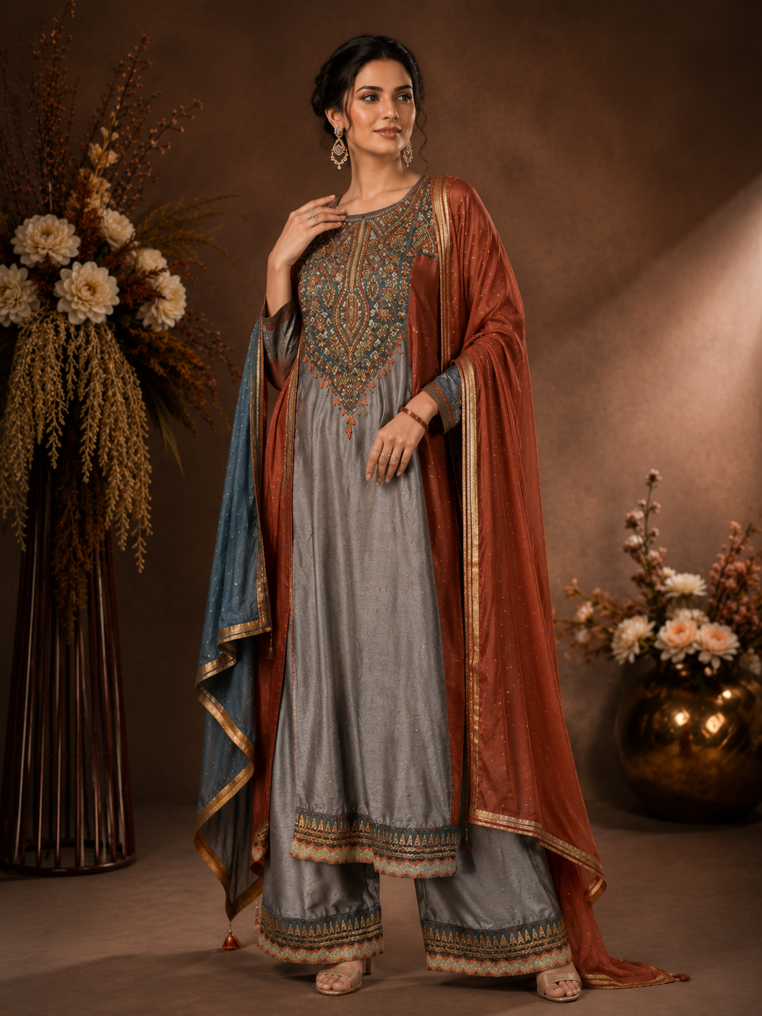Women's Grey Embroidered Kurta Palazzo Set with Dual-Tone Dupatta