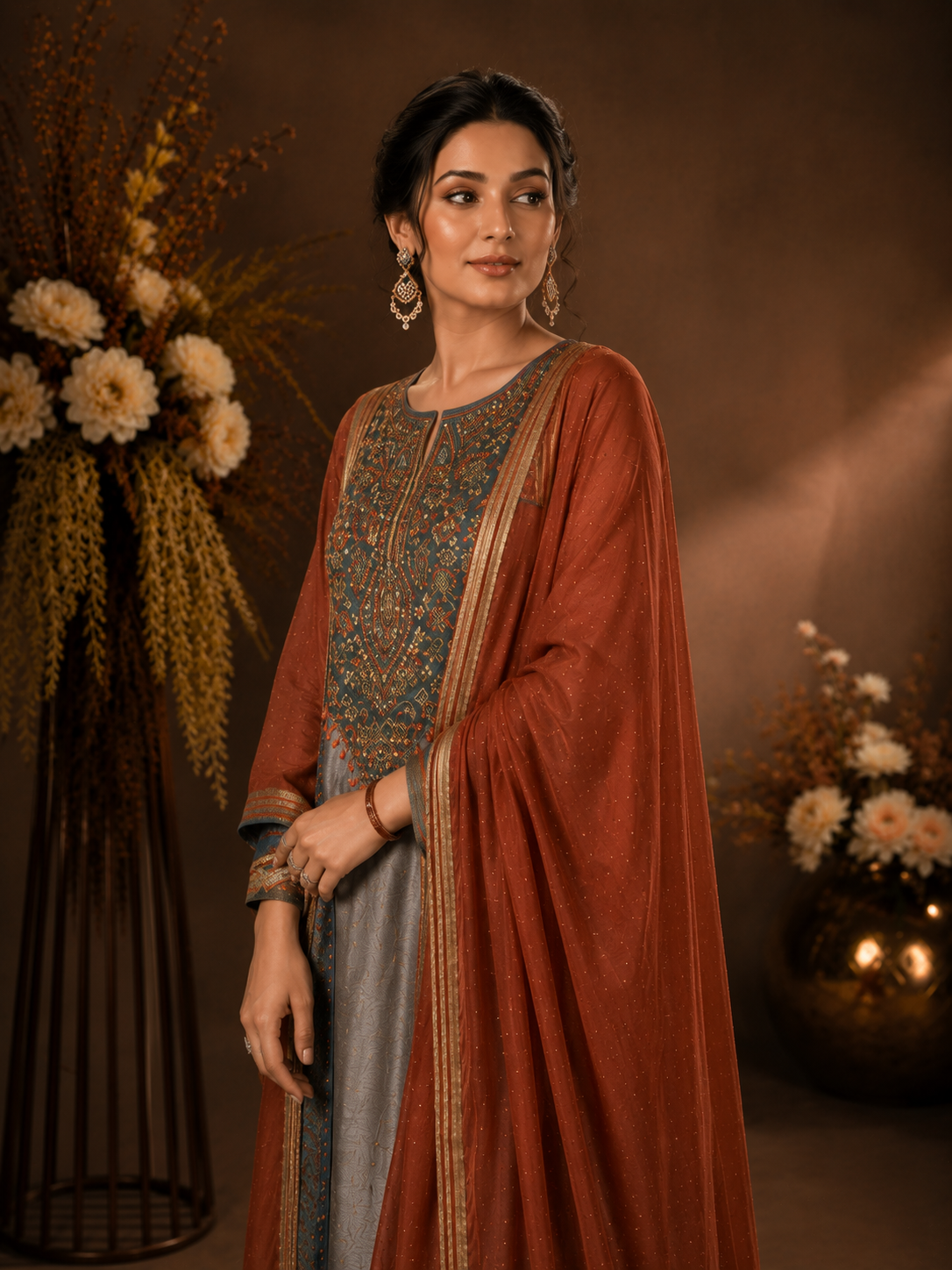 Women's Grey Embroidered Kurta Palazzo Set with Dual-Tone Dupatta
