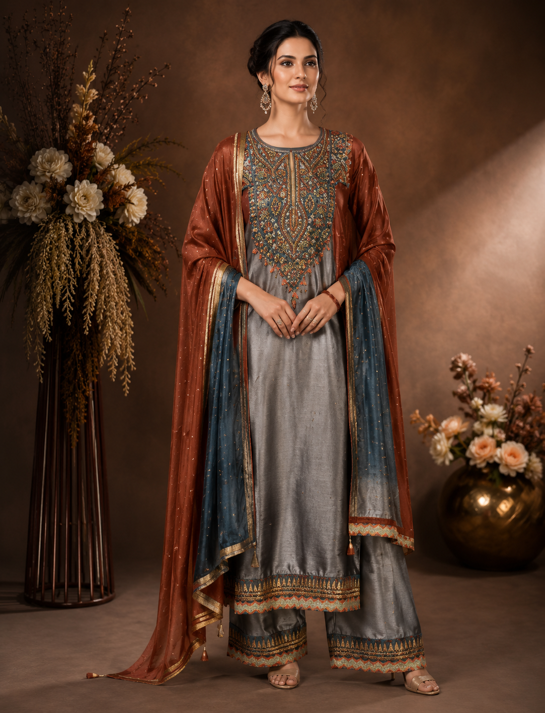 Women's Grey Embroidered Kurta Palazzo Set with Dual-Tone Dupatta