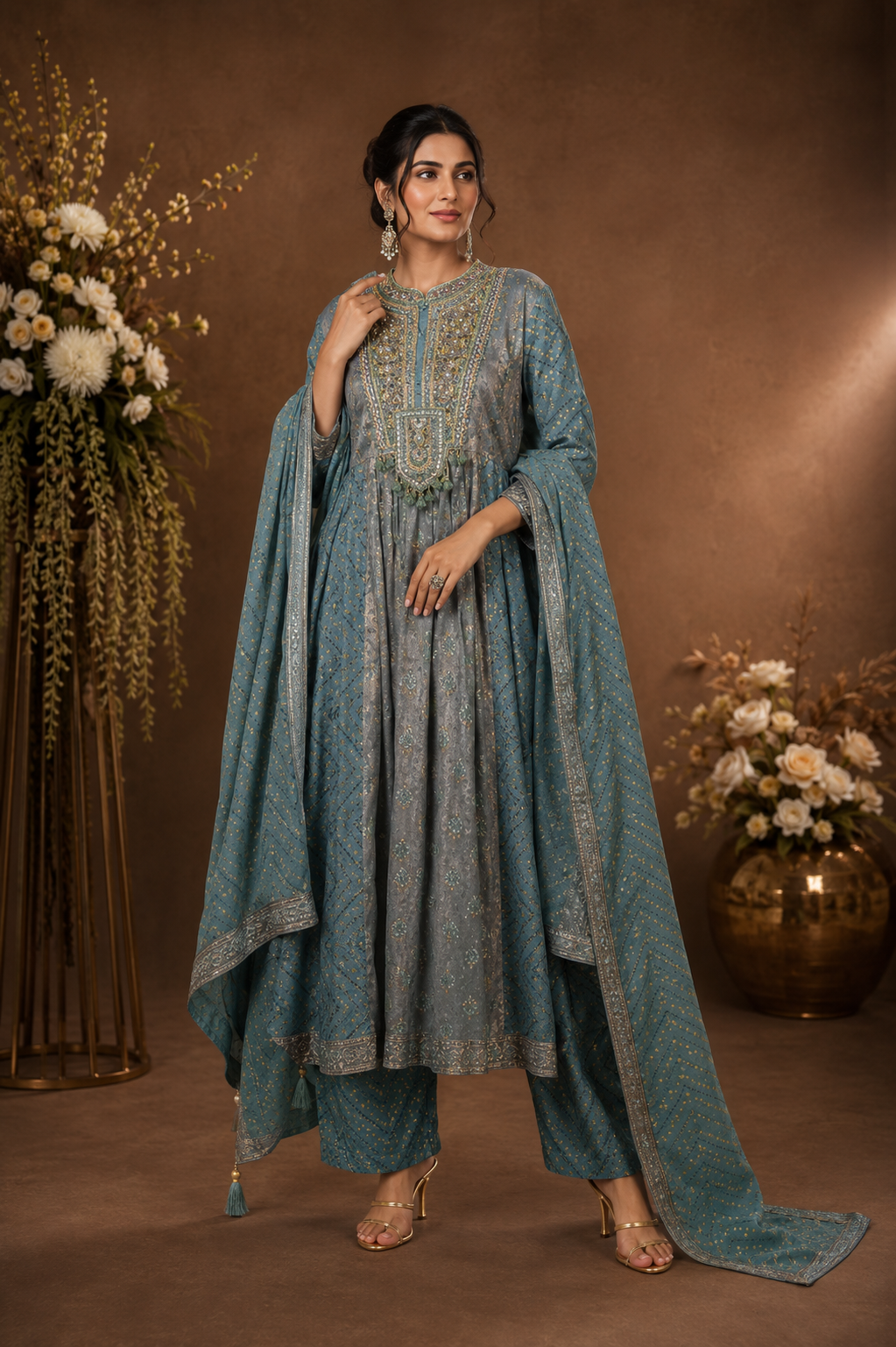 Women's Teal Blue Printed Kurta Palazzo Set with Dupatta