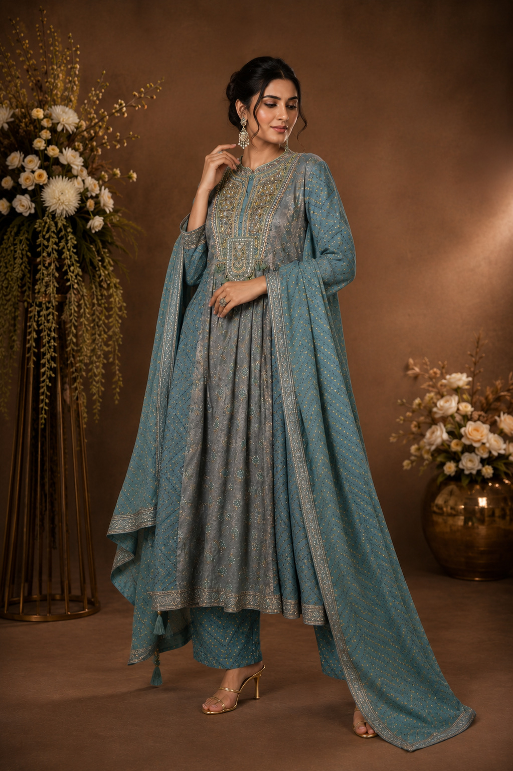 Women's Teal Blue Printed Kurta Palazzo Set with Dupatta