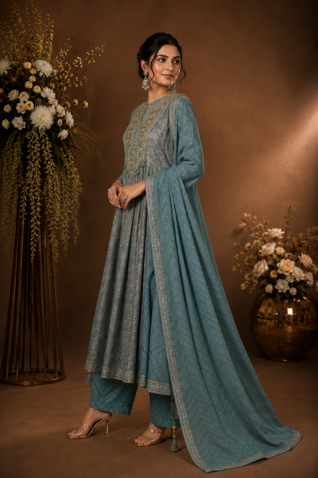 Women's Teal Blue Printed Kurta Palazzo Set with Dupatta