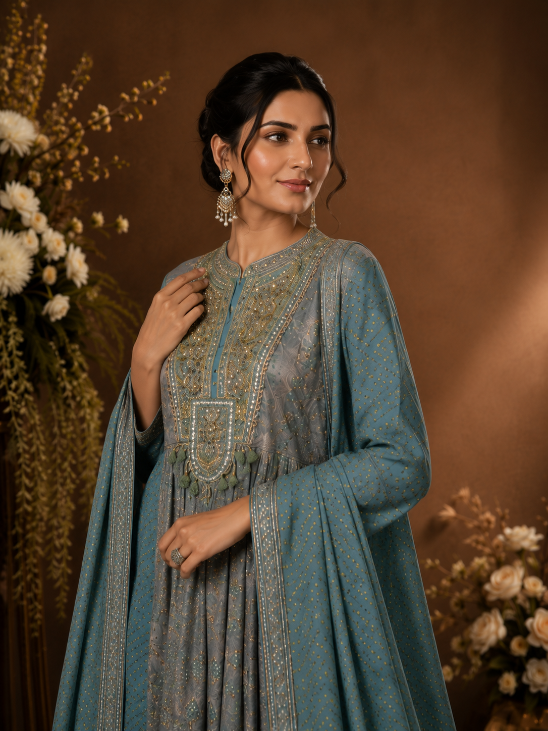 Women's Teal Blue Printed Kurta Palazzo Set with Dupatta