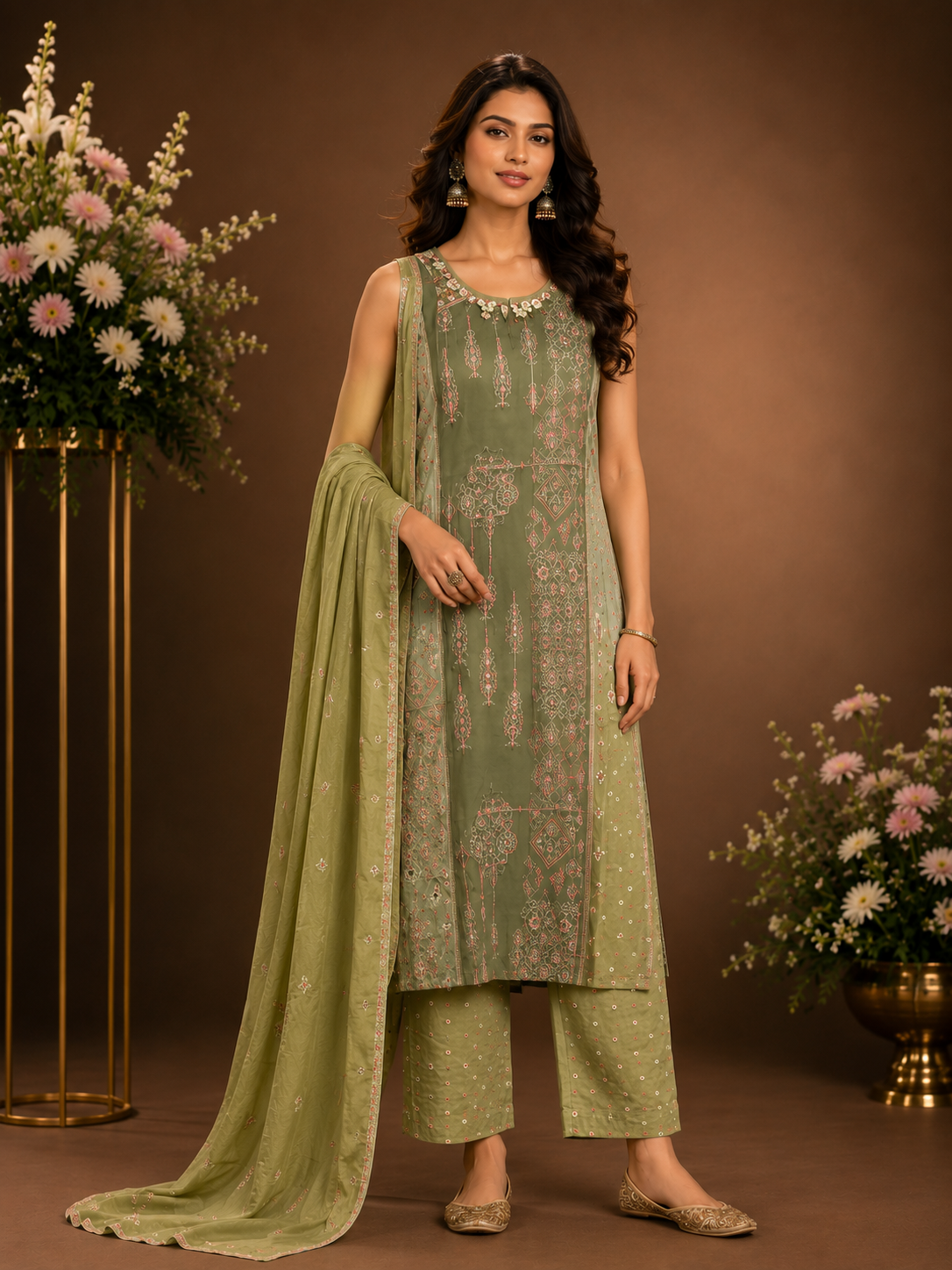 Sage Green Printed Straight Kurta Set with Dupatta