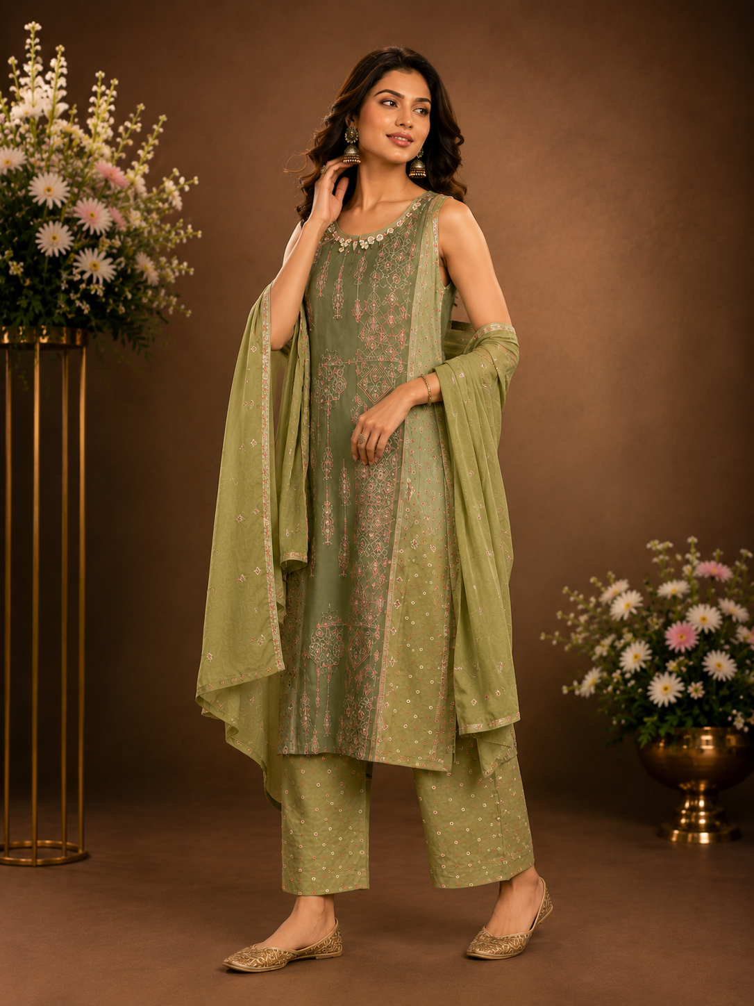 Sage Green Printed Straight Kurta Set with Dupatta