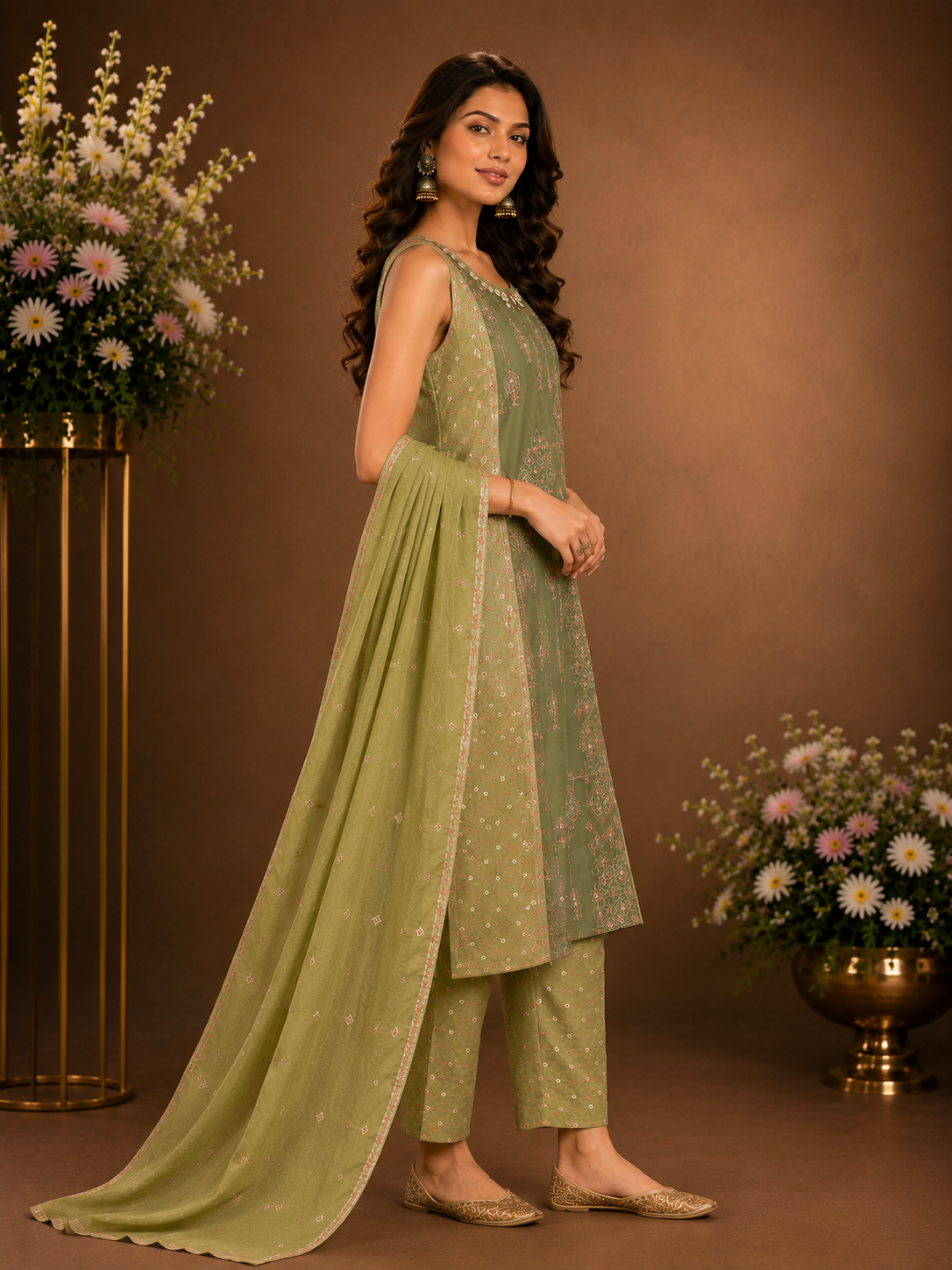 Sage Green Printed Straight Kurta Set with Dupatta