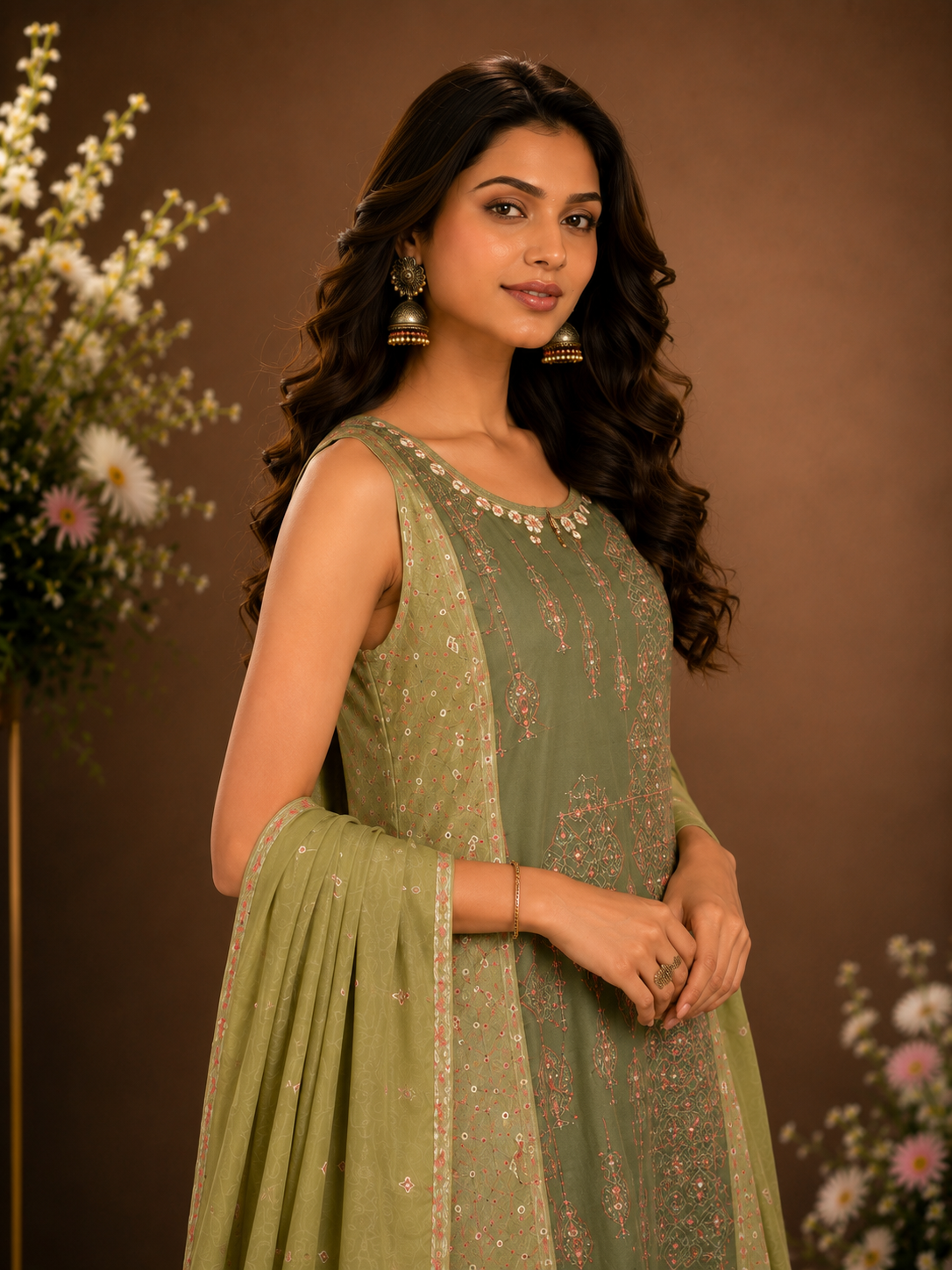 Sage Green Printed Straight Kurta Set with Dupatta