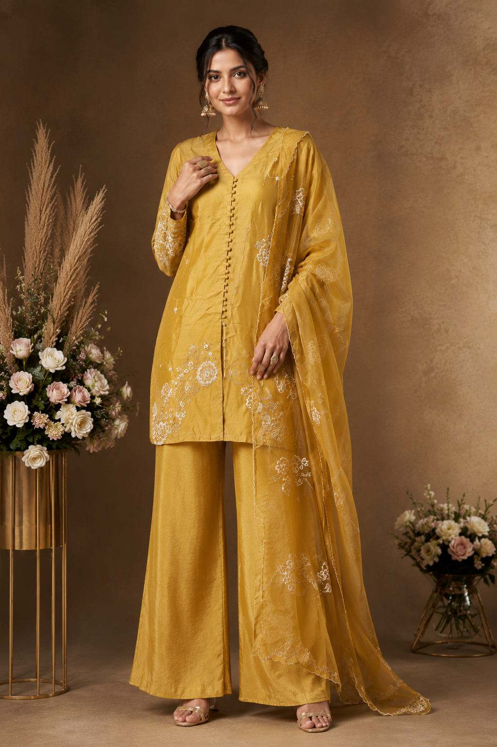 Mustard Embroidered Kurta Palazzo Set with Organza Dupatta