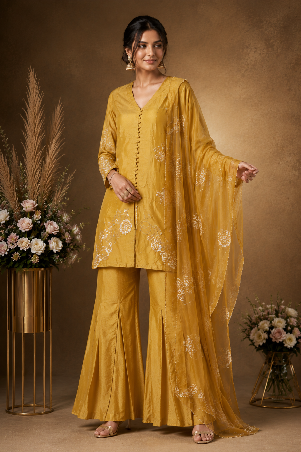 Mustard Embroidered Kurta Palazzo Set with Organza Dupatta