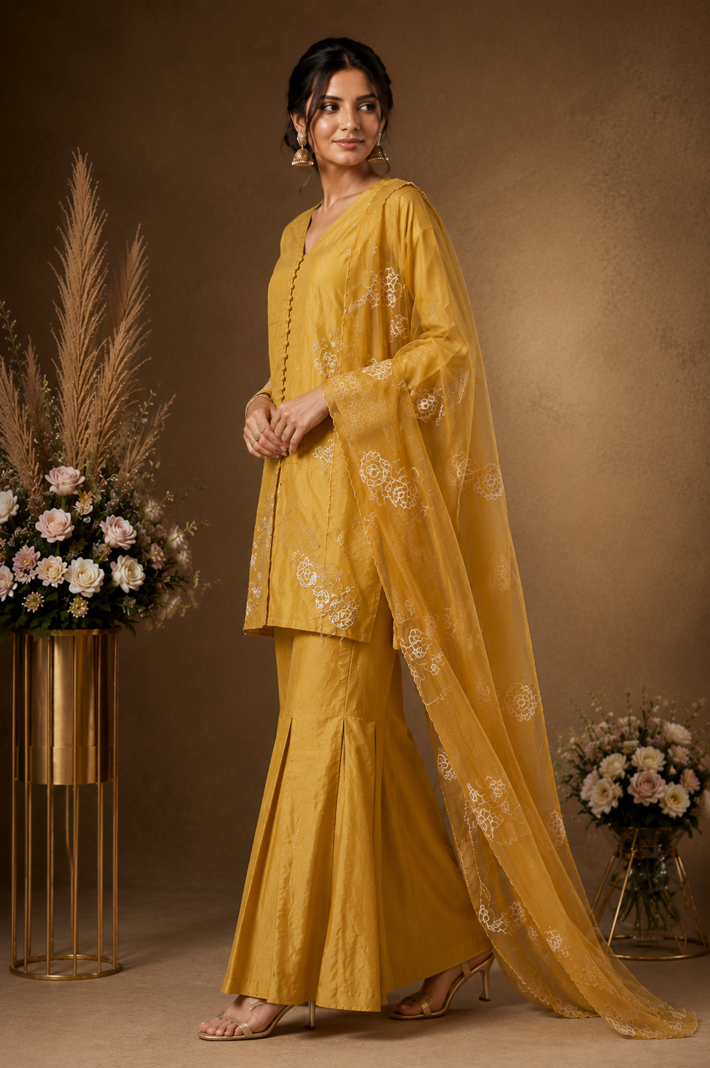 Mustard Embroidered Kurta Palazzo Set with Organza Dupatta