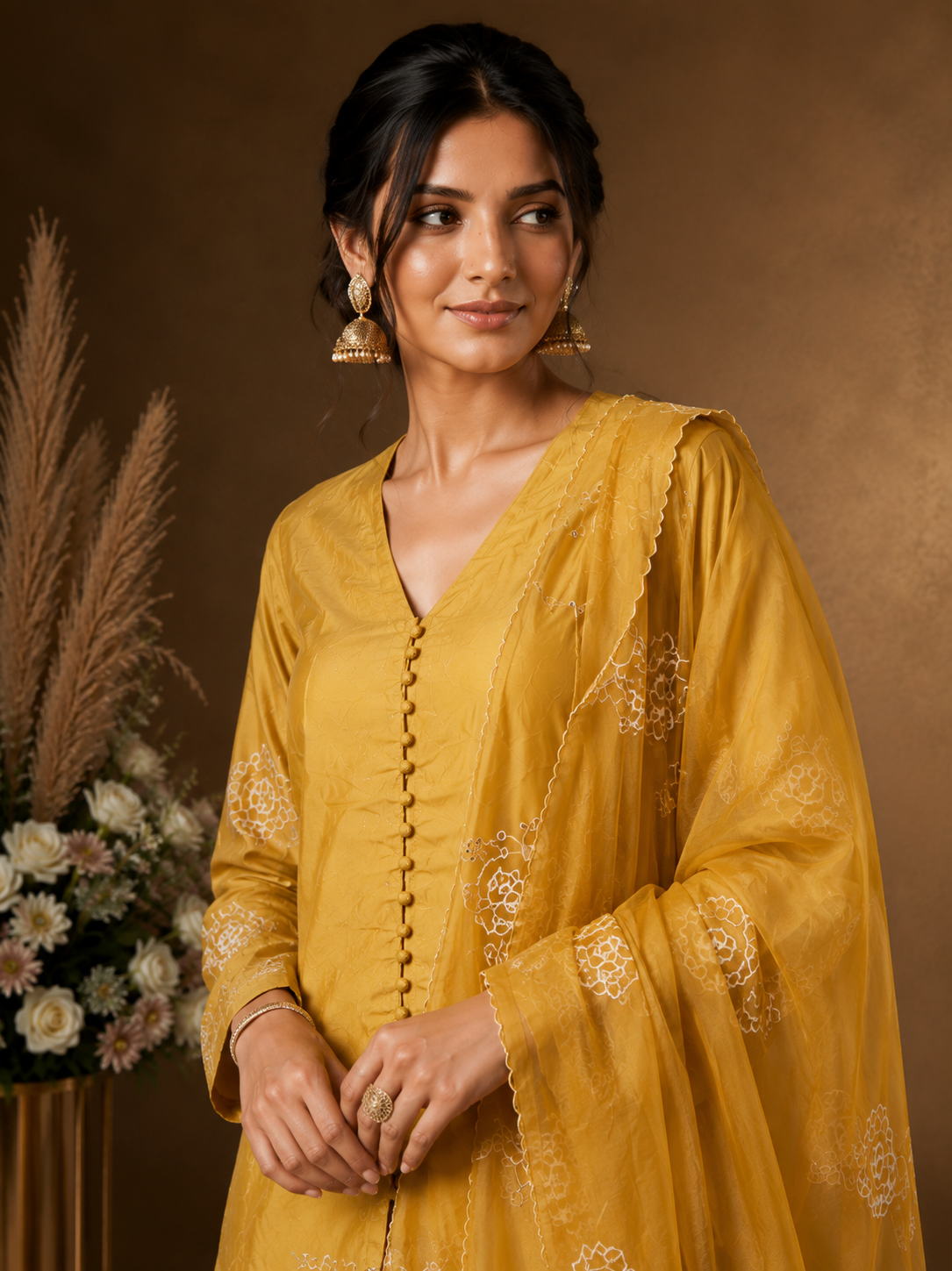 Mustard Embroidered Kurta Palazzo Set with Organza Dupatta