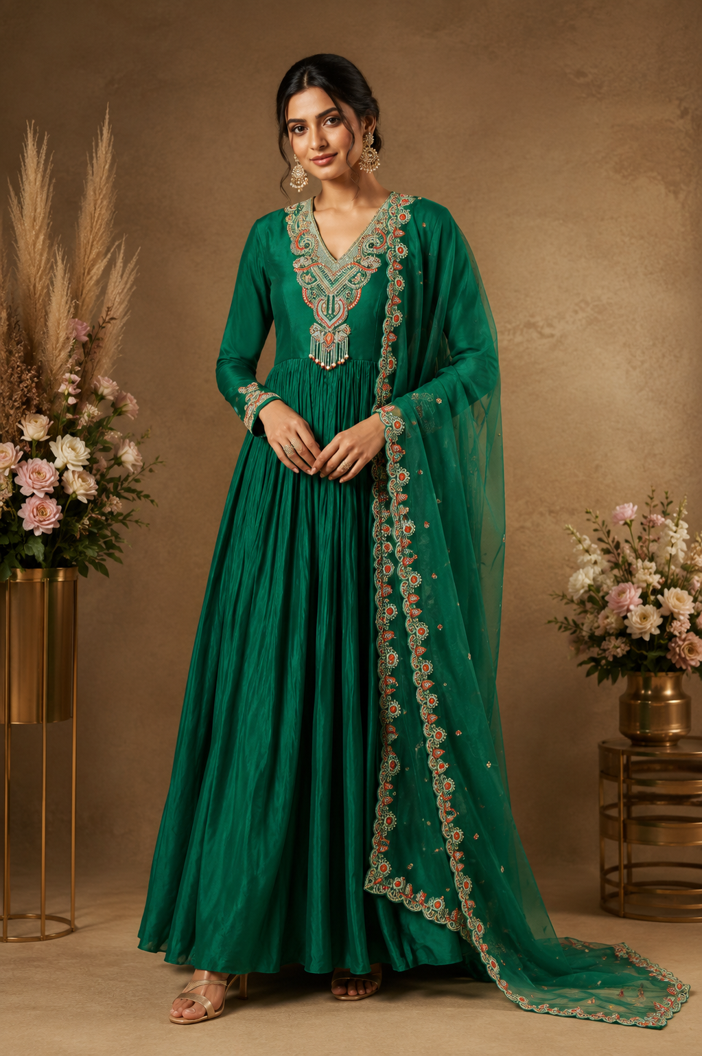 Emerald Green Embroidered Anarkali Suit Set