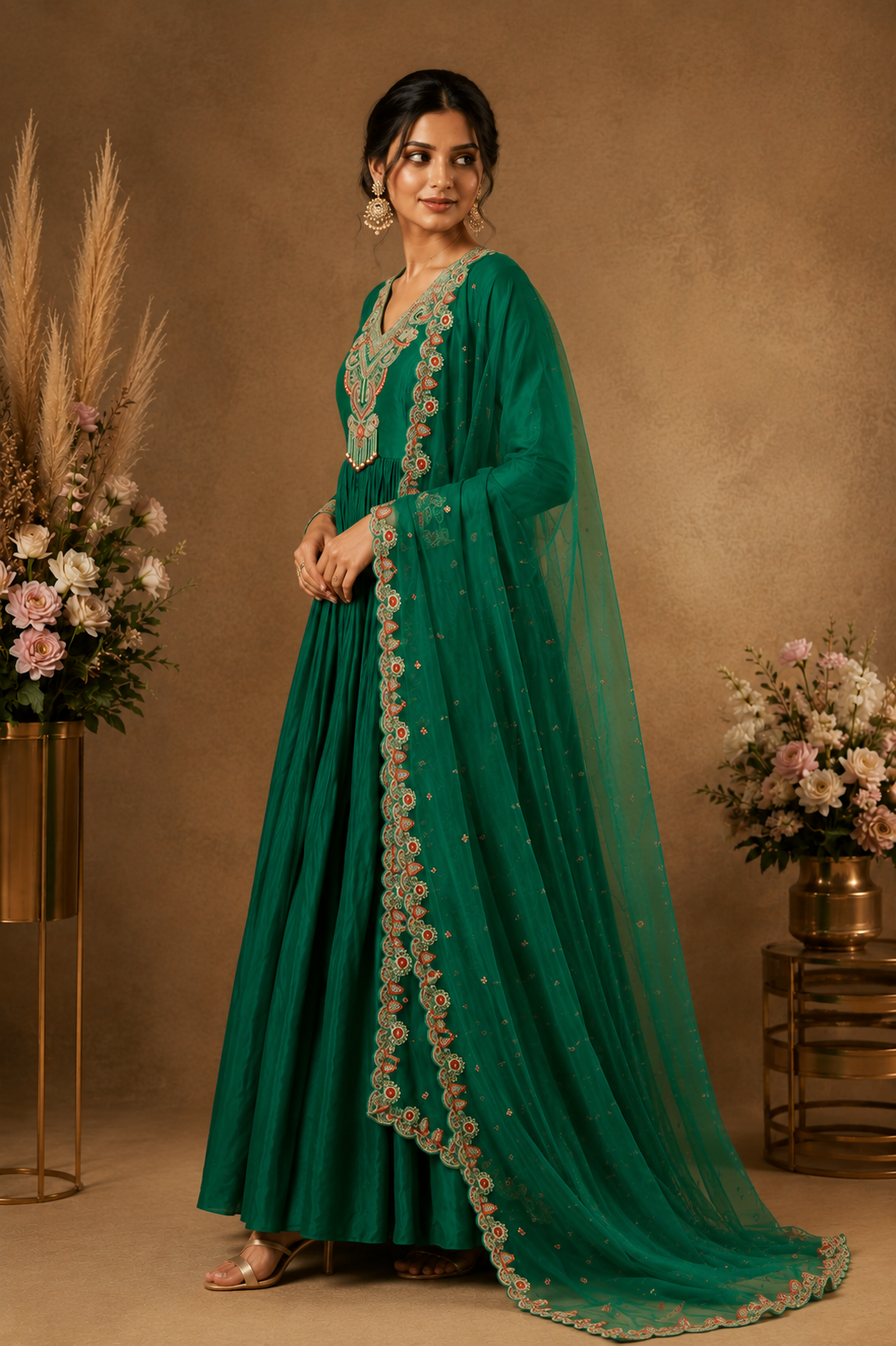 Emerald Green Embroidered Anarkali Suit Set