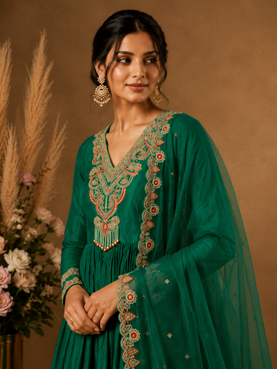 Emerald Green Embroidered Anarkali Suit Set