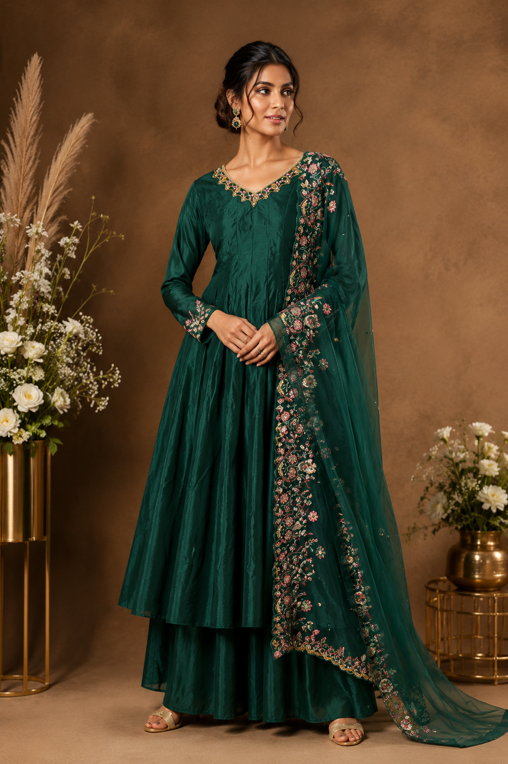 Emerald Green Embroidered Anarkali Suit Set with Organza Dupatta