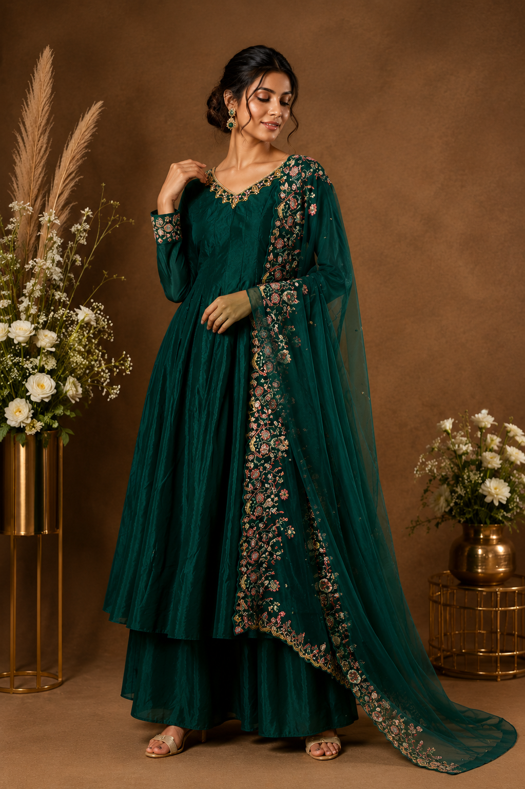 Emerald Green Embroidered Anarkali Suit Set with Organza Dupatta