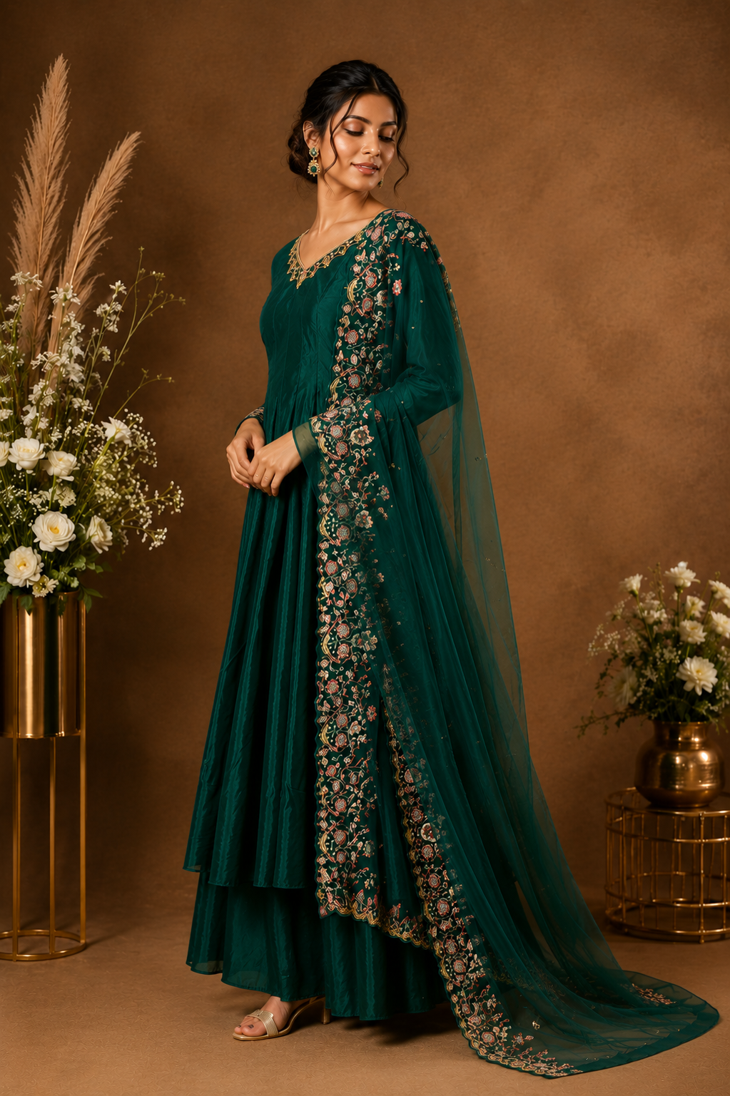 Emerald Green Embroidered Anarkali Suit Set with Organza Dupatta
