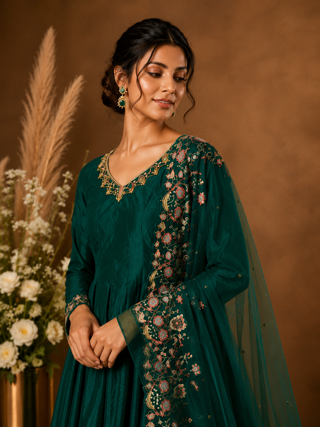 Emerald Green Embroidered Anarkali Suit Set with Organza Dupatta
