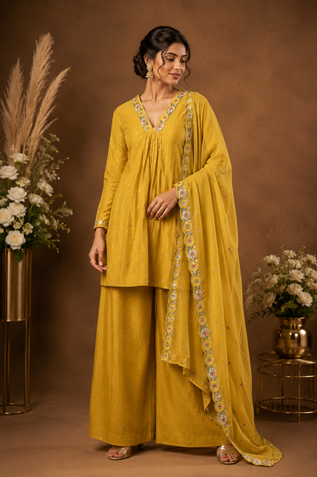 Mustard Embroidered Kurta Palazzo Set with Dupatta