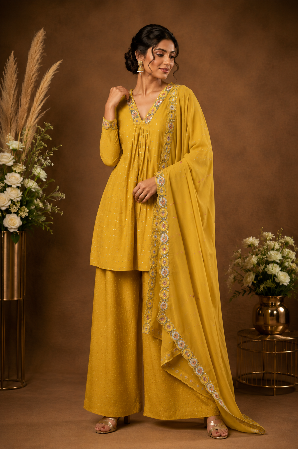 Mustard Embroidered Kurta Palazzo Set with Dupatta