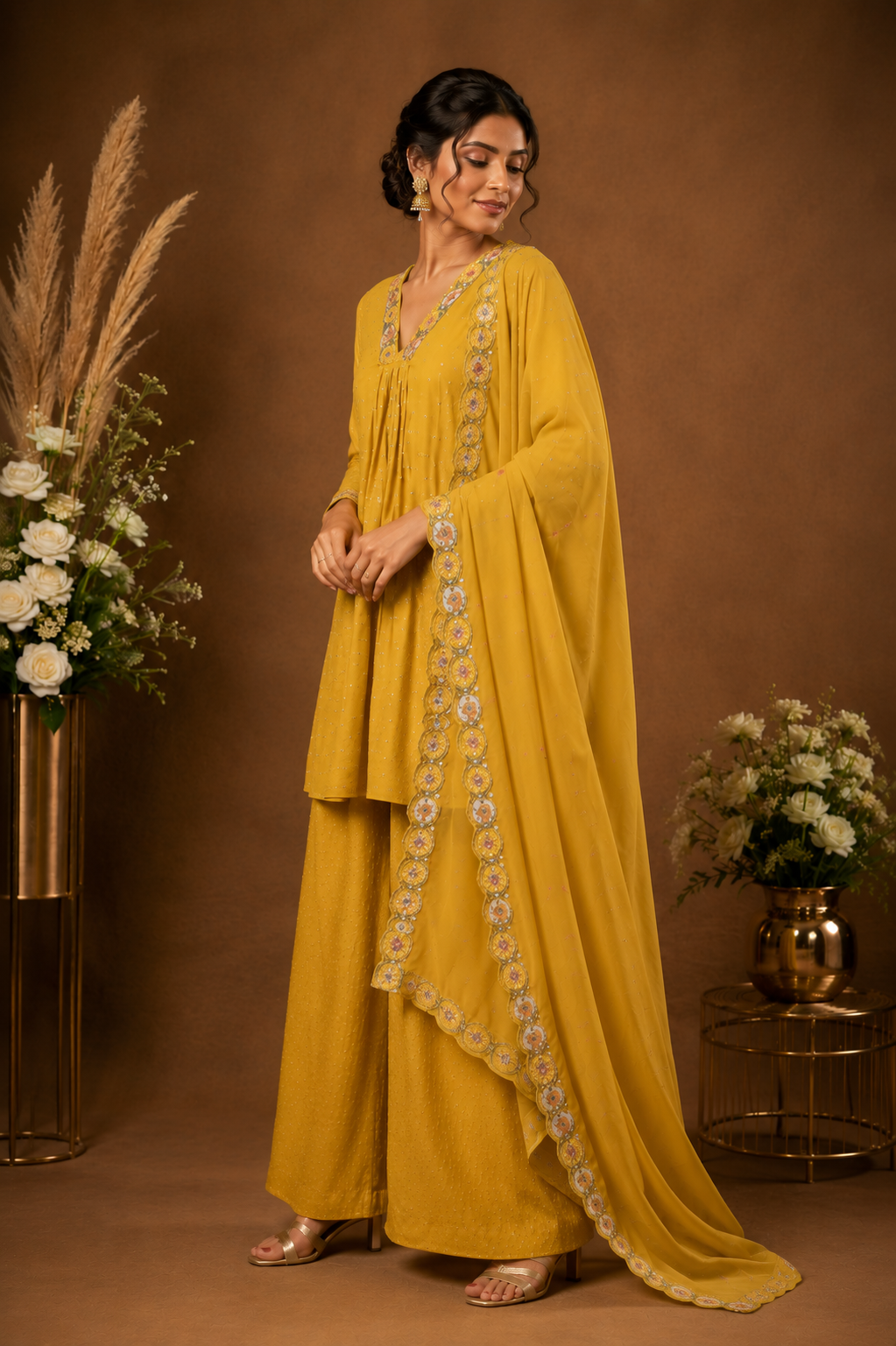 Mustard Embroidered Kurta Palazzo Set with Dupatta