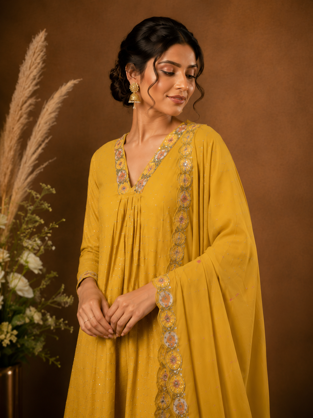 Mustard Embroidered Kurta Palazzo Set with Dupatta