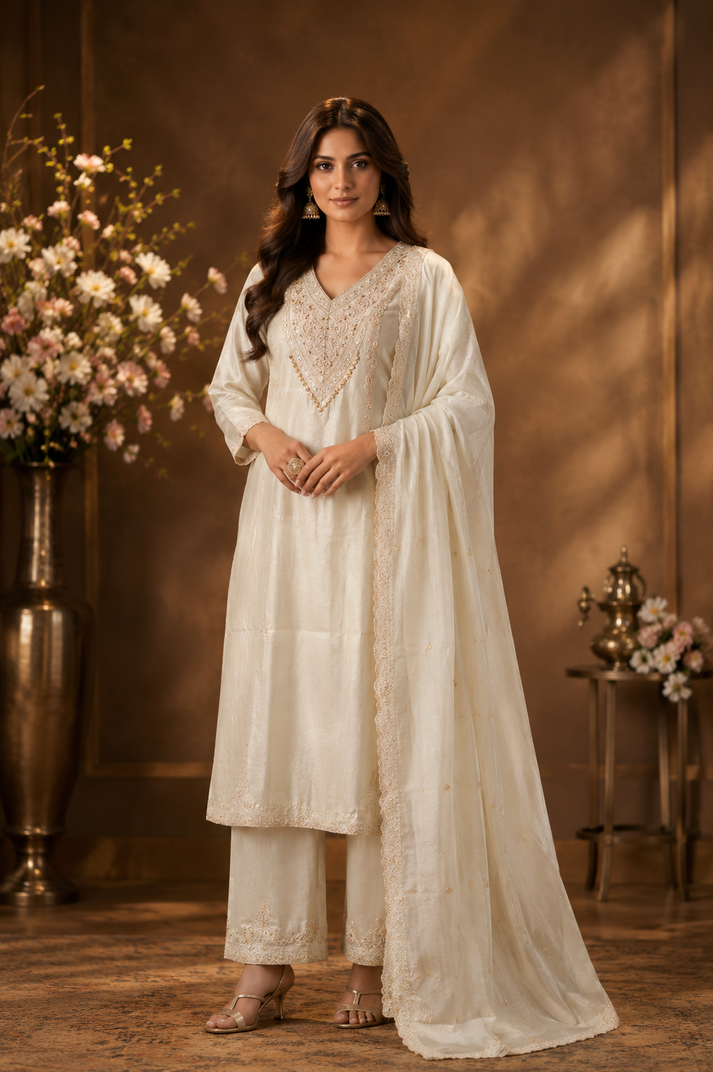 Ivory Embroidered Kurta Palazzo Set with Dupatta