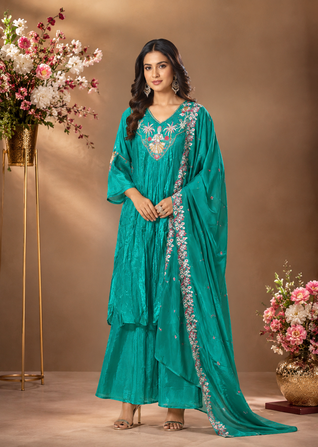 Teal Embroidered Kurta Palazzo Set with Dupatta