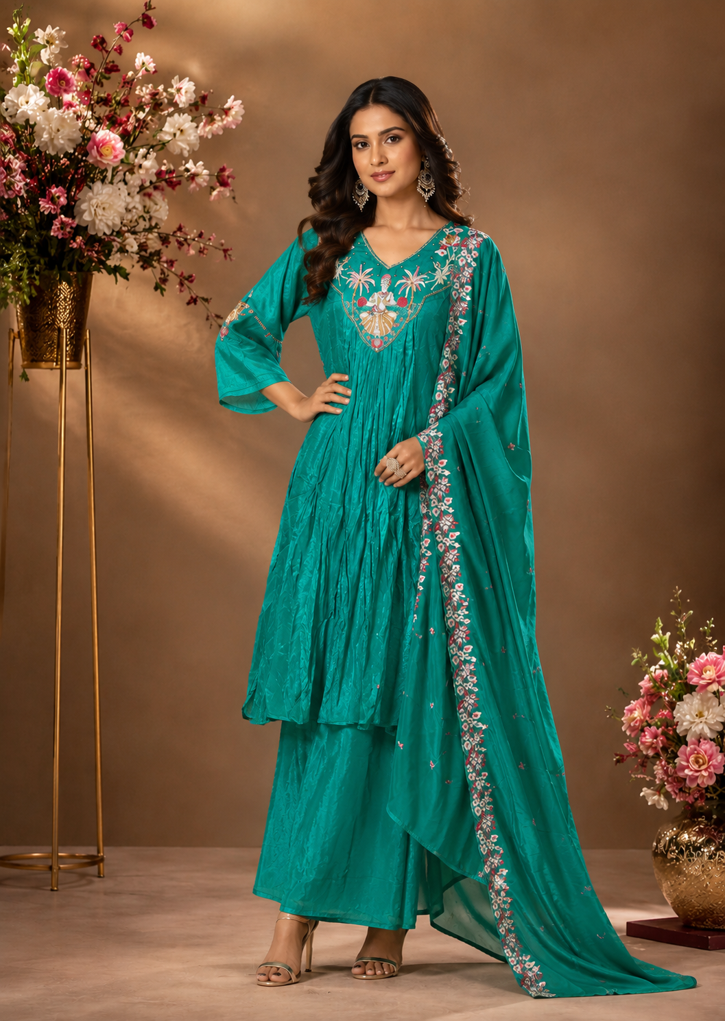 Teal Embroidered Kurta Palazzo Set with Dupatta