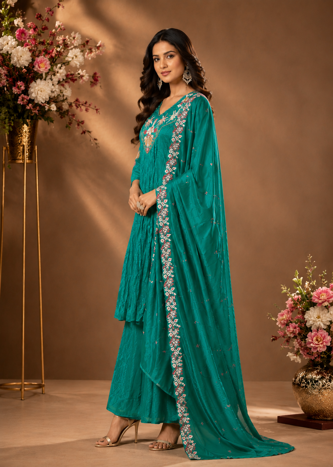Teal Embroidered Kurta Palazzo Set with Dupatta
