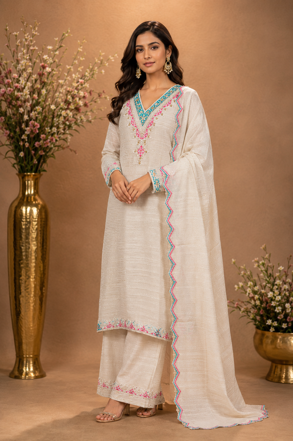 Ivory Embroidered Kurta Palazzo Set with Dupatta