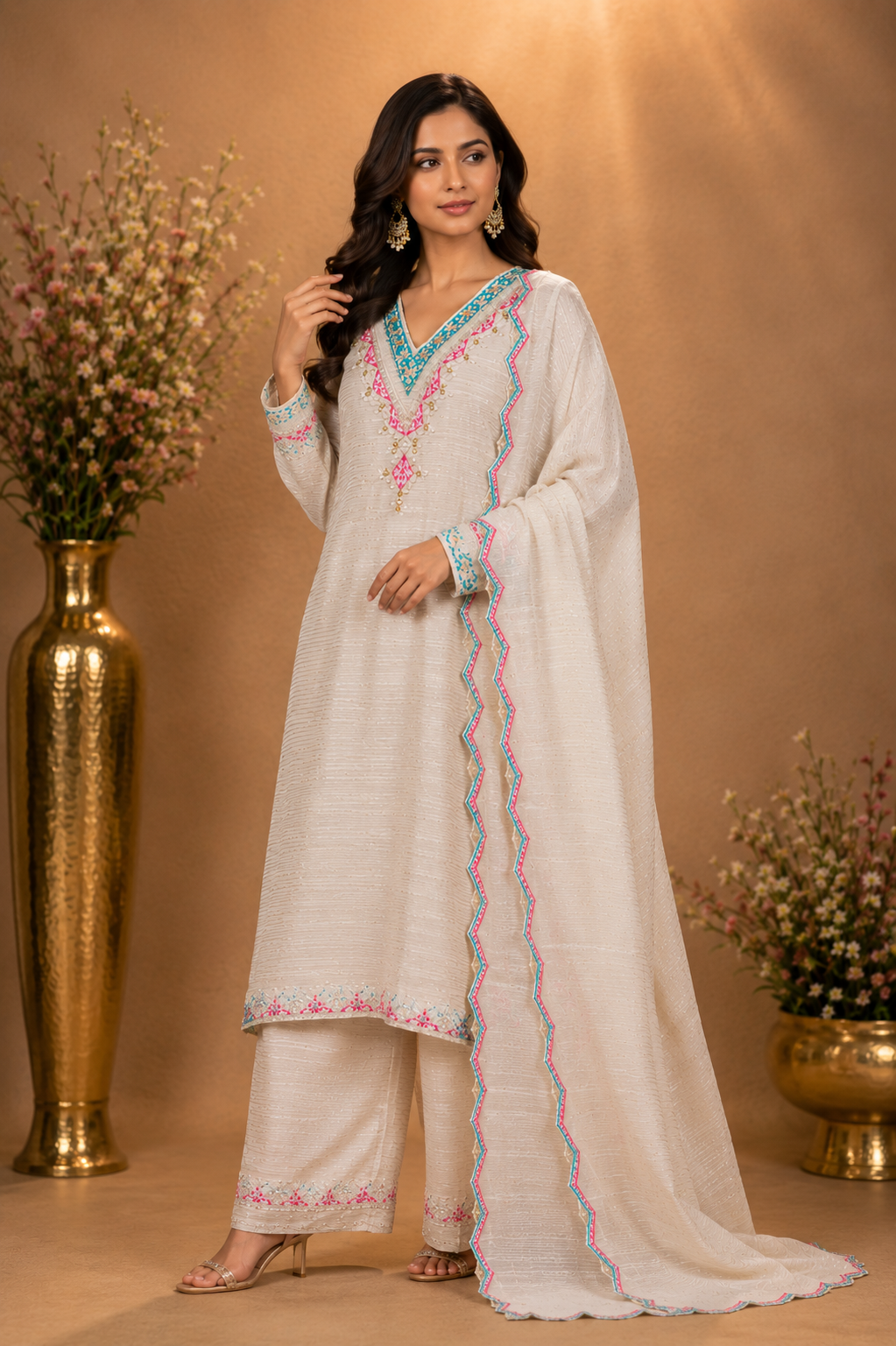 Ivory Embroidered Kurta Palazzo Set with Dupatta