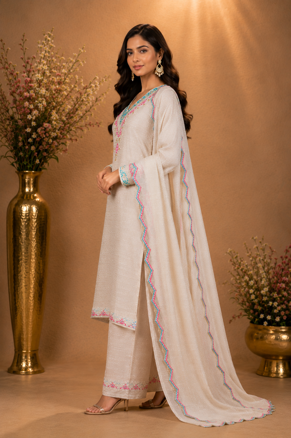 Ivory Embroidered Kurta Palazzo Set with Dupatta