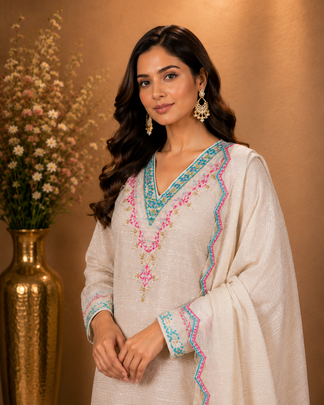 Ivory Embroidered Kurta Palazzo Set with Dupatta