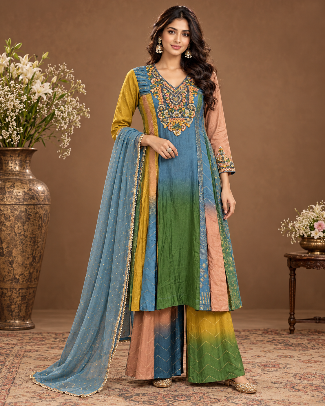 Elegant Blue & Green Designer Palazzo Suit Set
