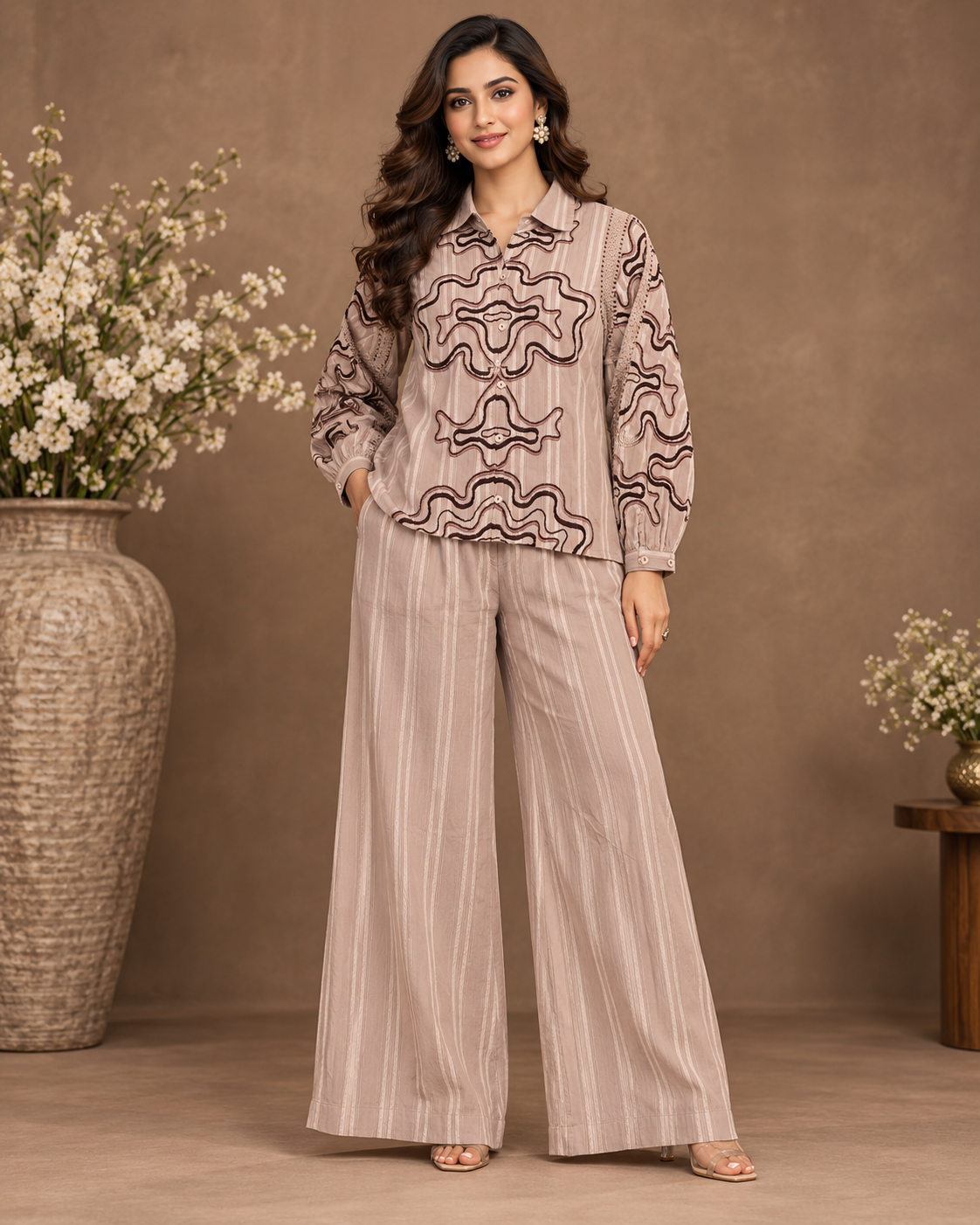 Beige Printed Shirt & Wide-Leg Pant Co-Ord Set