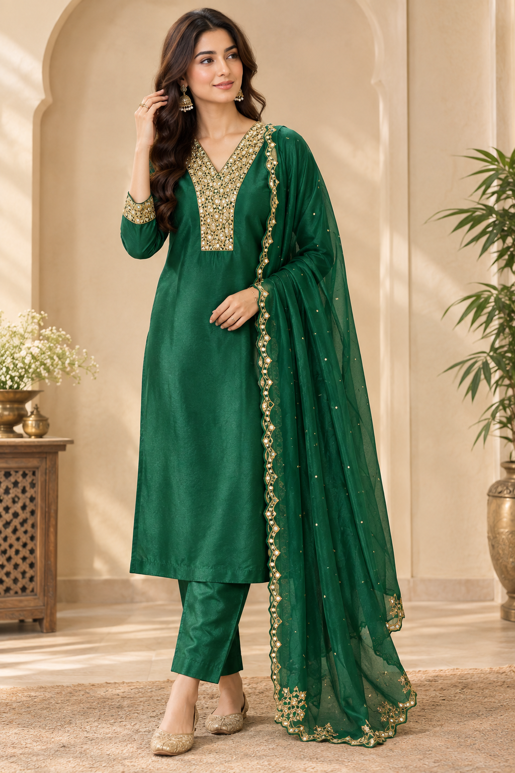 Elegant Green Gold-Embellished Suit Set