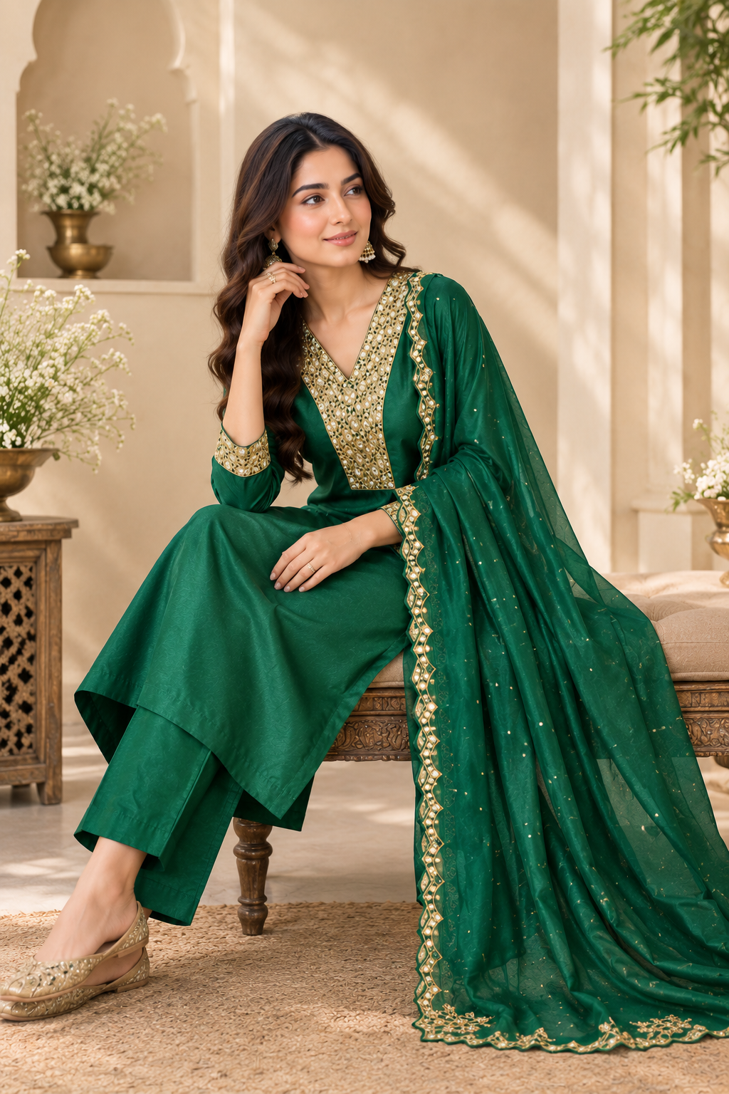 Elegant Green Gold-Embellished Suit Set