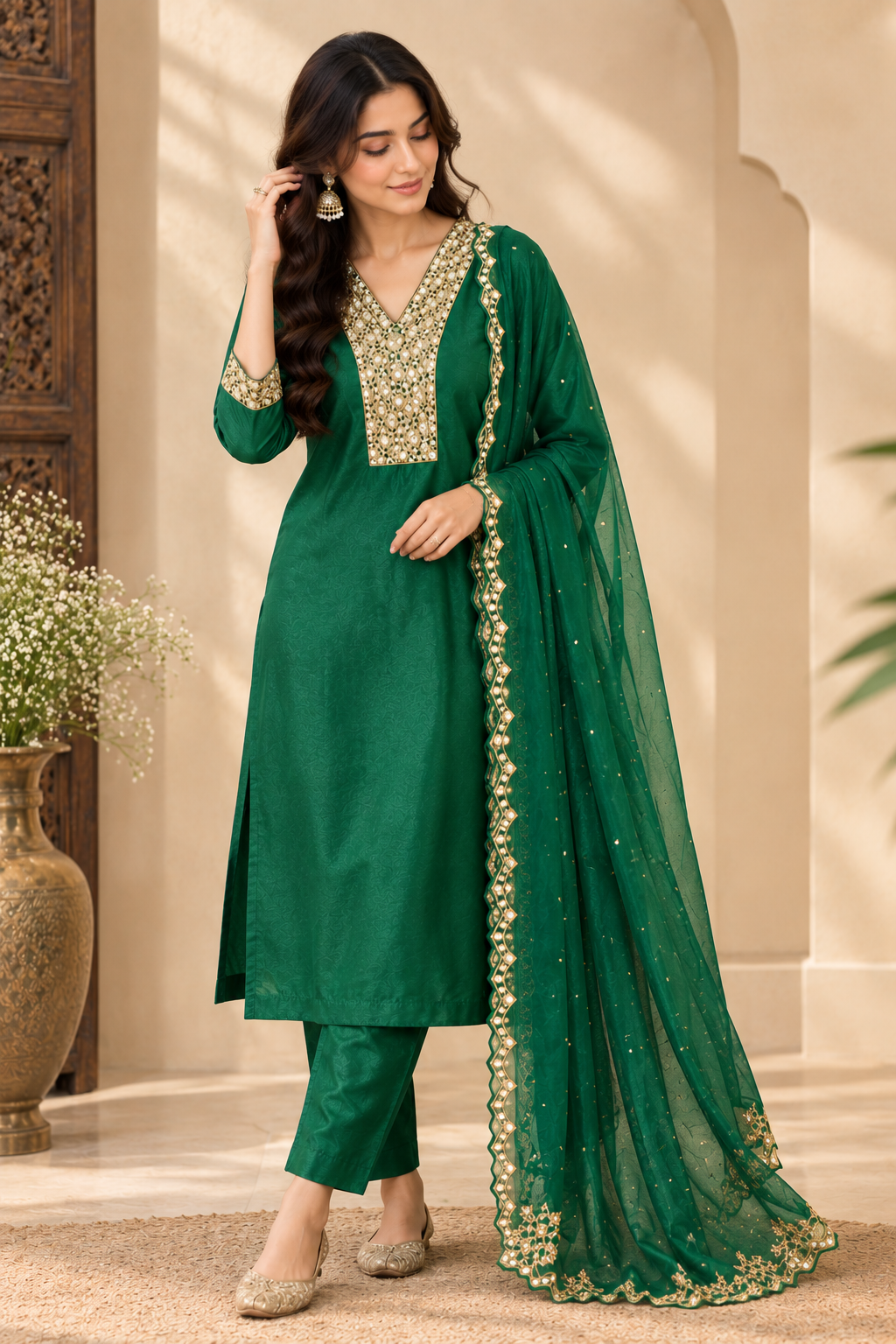 Elegant Green Gold-Embellished Suit Set