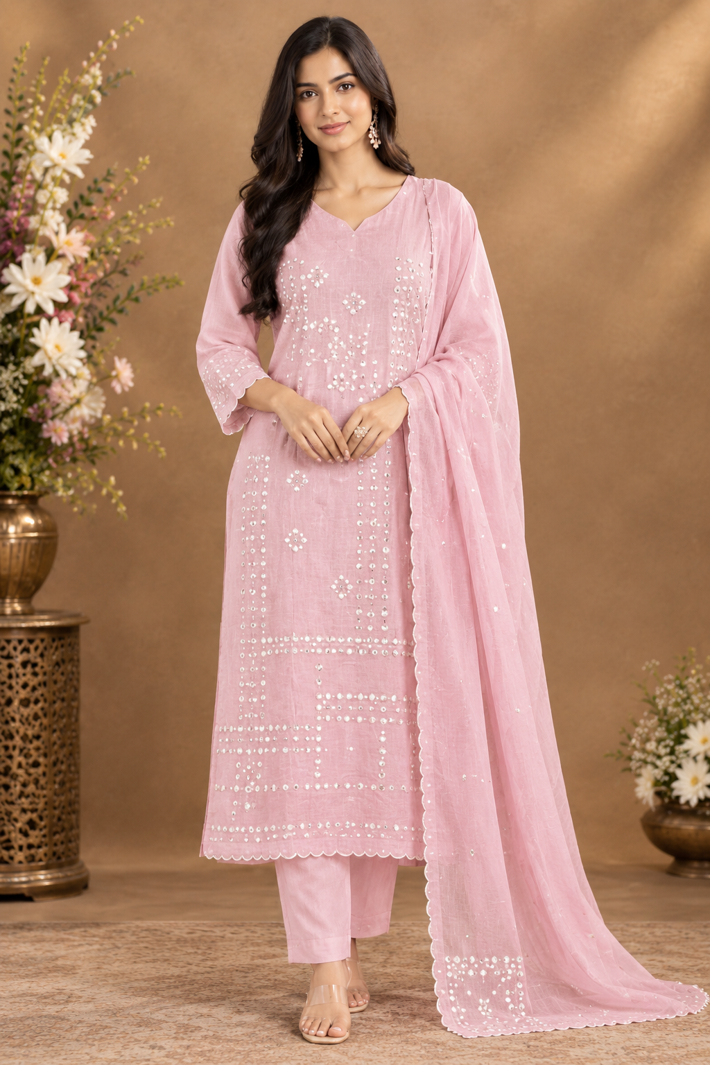 Pastel Pink Embroidered 3-Piece Suit Set
