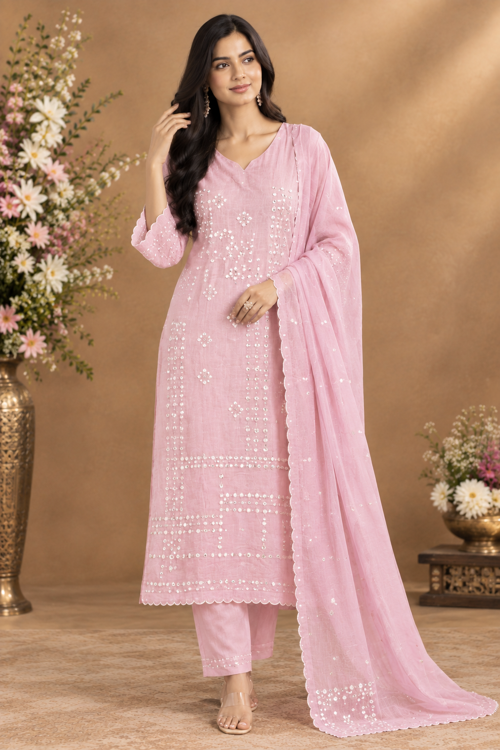 Pastel Pink Embroidered 3-Piece Suit Set