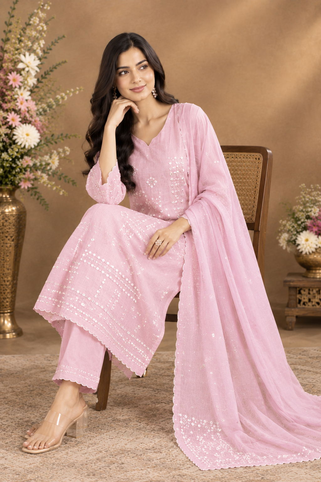 Pastel Pink Embroidered 3-Piece Suit Set