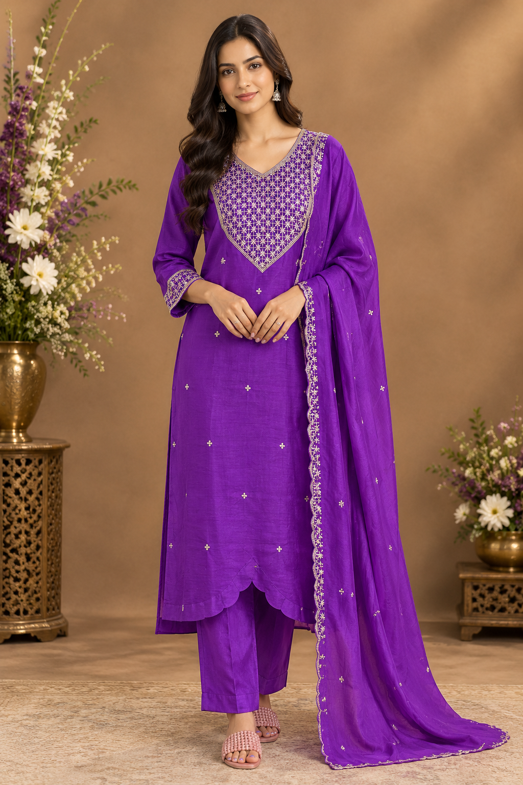Purple Embroidered Kurta Pant Set with Dupatta