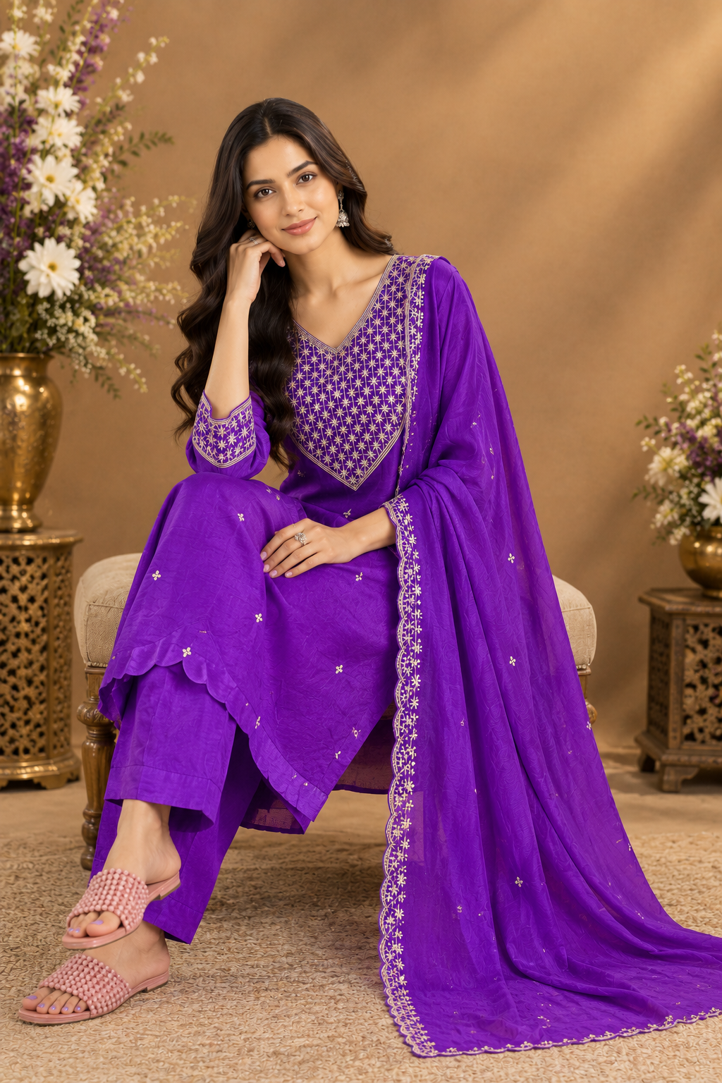 Purple Embroidered Kurta Pant Set with Dupatta