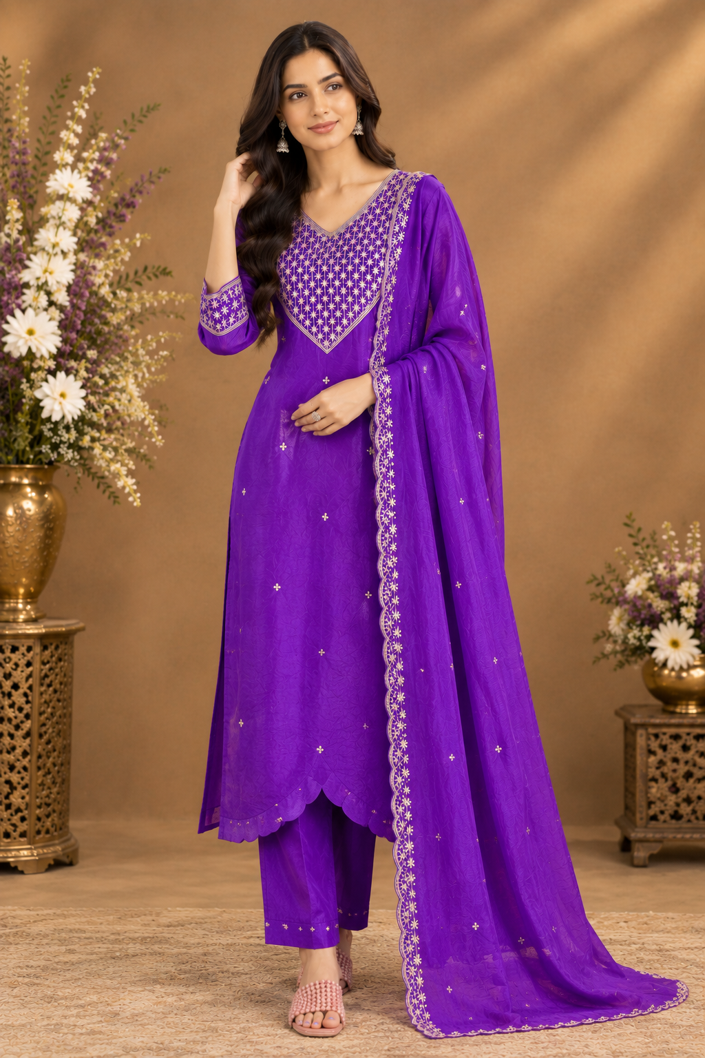 Purple Embroidered Kurta Pant Set with Dupatta