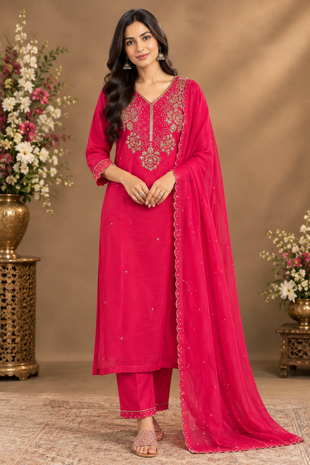 Pink Embroidered Kurta Pant Set with Dupatta