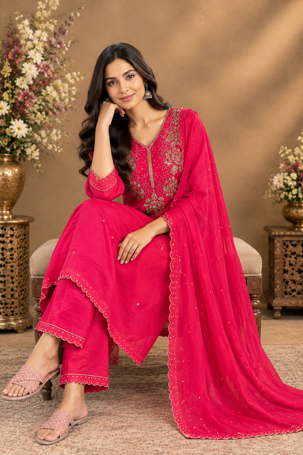 Pink Embroidered Kurta Pant Set with Dupatta