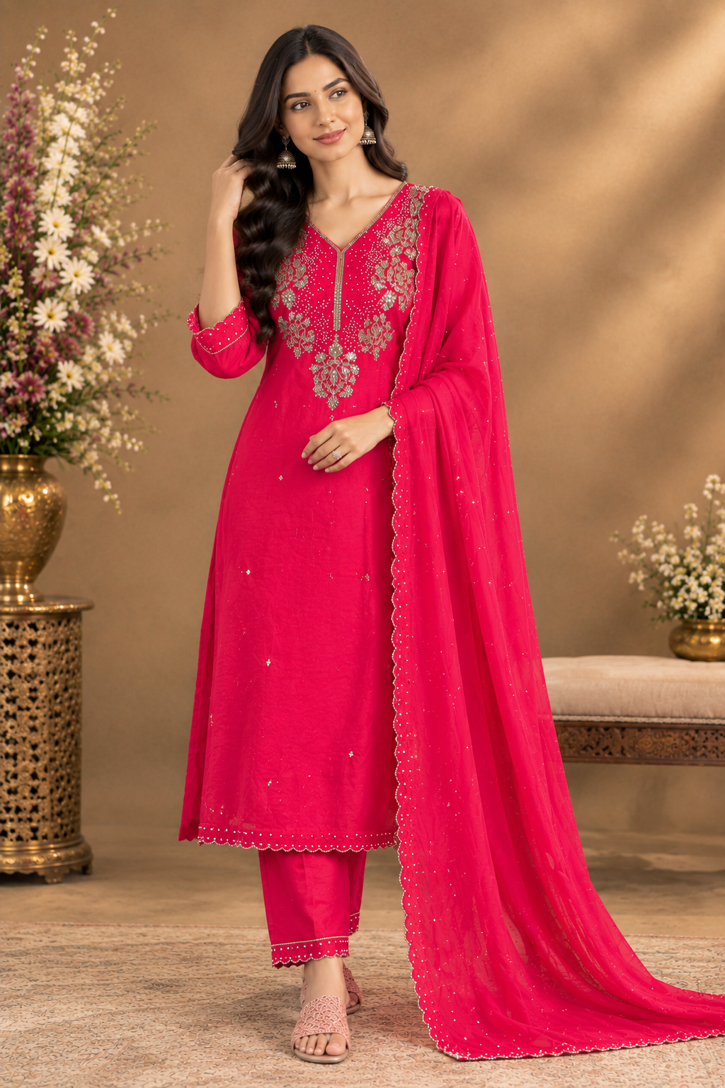 Pink Embroidered Kurta Pant Set with Dupatta