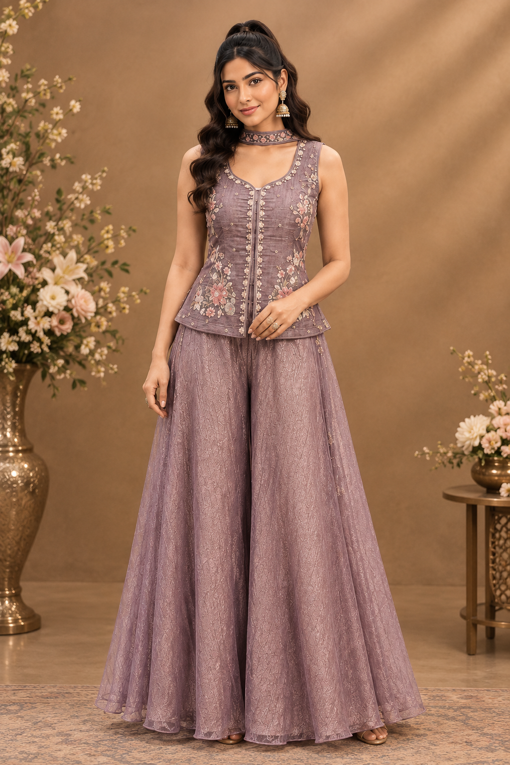 Elegant Taupe Embroidered Sharara Set with Dupatta