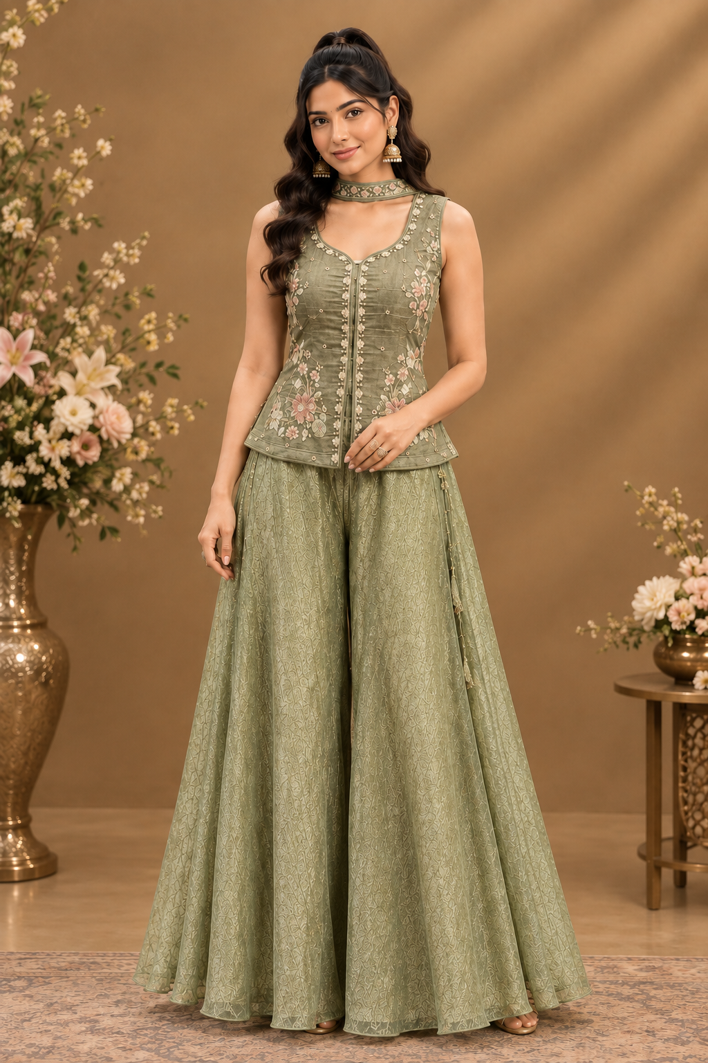 Elegant Taupe Embroidered Sharara Set with Dupatta
